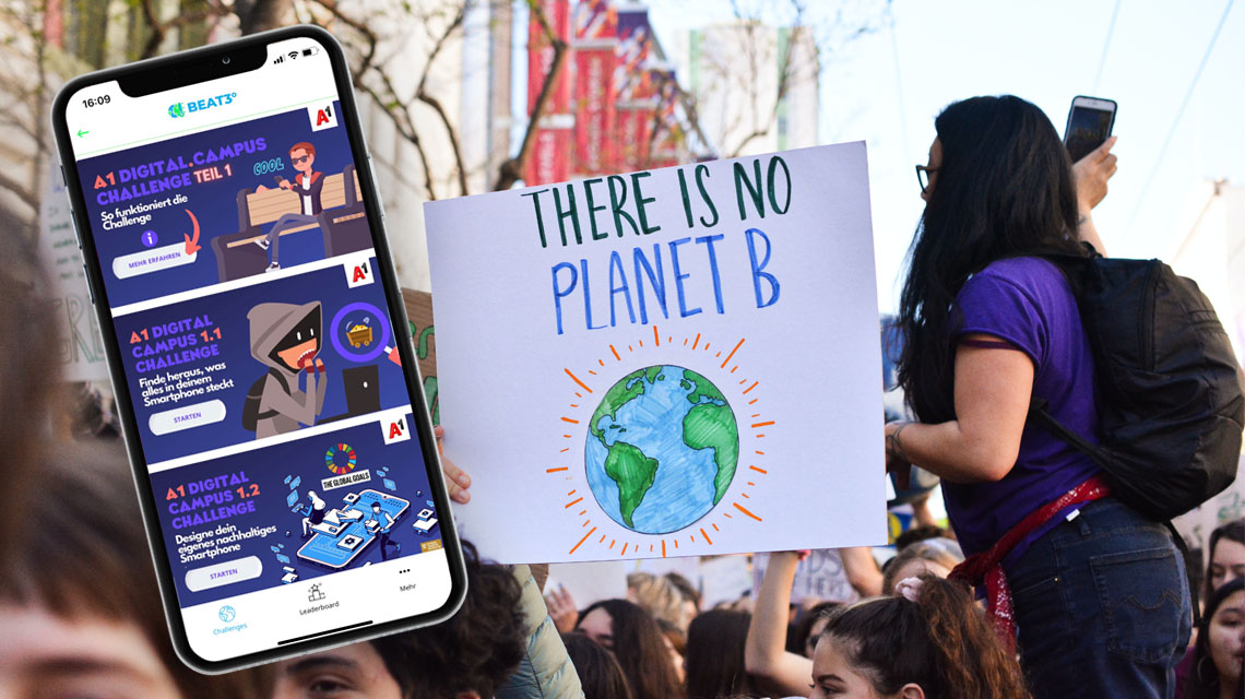 Klimademo mit Schild "There is no planet b" und Screenshot der App BEAT3°