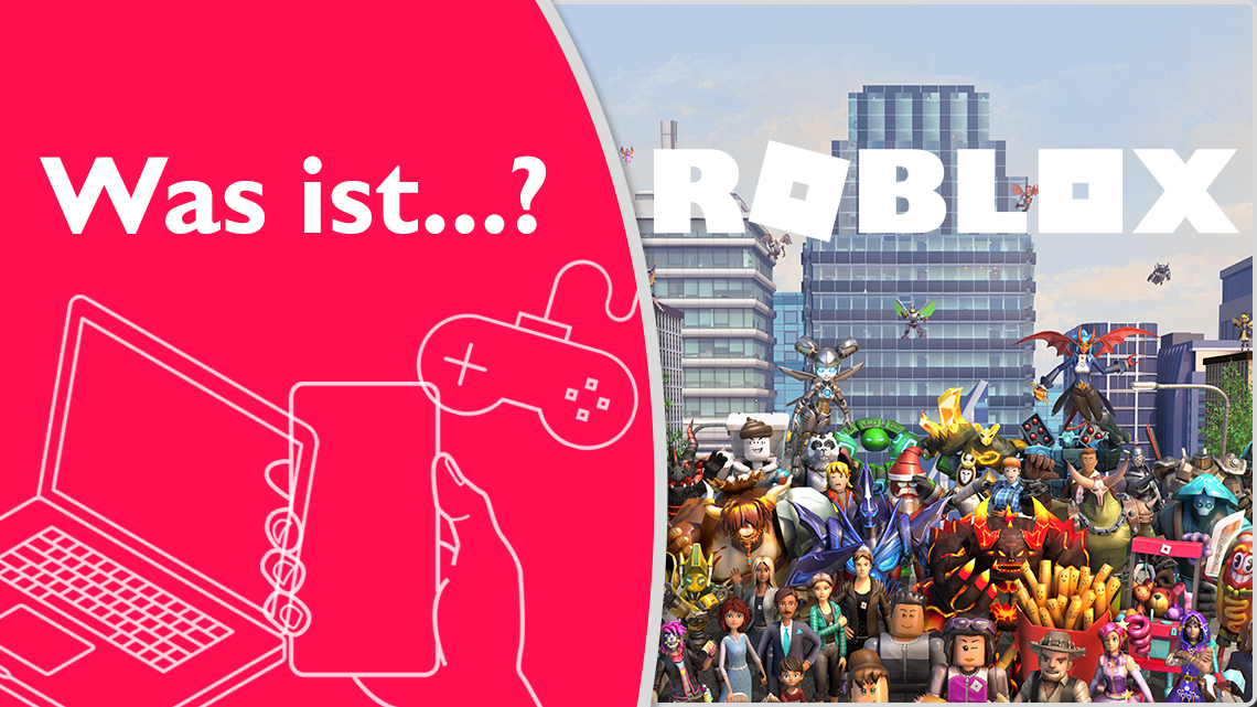 Collage mit dem Text "Was ist ...?" Neben dem Schriftzug befindet sich das Roblox Logo und darunter ROblox Avatare.