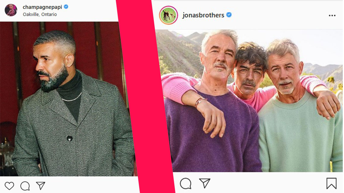 Screenshots der Instagram-Accounts von Drake und der Jonas Brothers mit den Bildern der #faceappchallenge